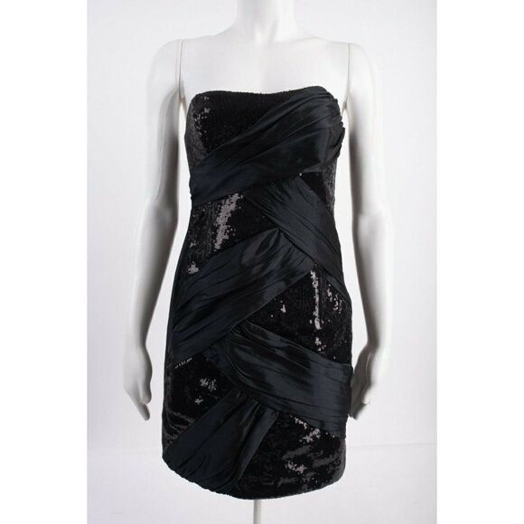Alexia Admor Womens Mini Dress Sequined S Black Sequins Strapless Ruche Cocktail - Picture 1 of 6